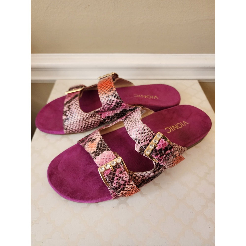 Vionic Womens Czarina 7.5 Slip On Snakeskin Print Sandals Pink Purple Rhinestone